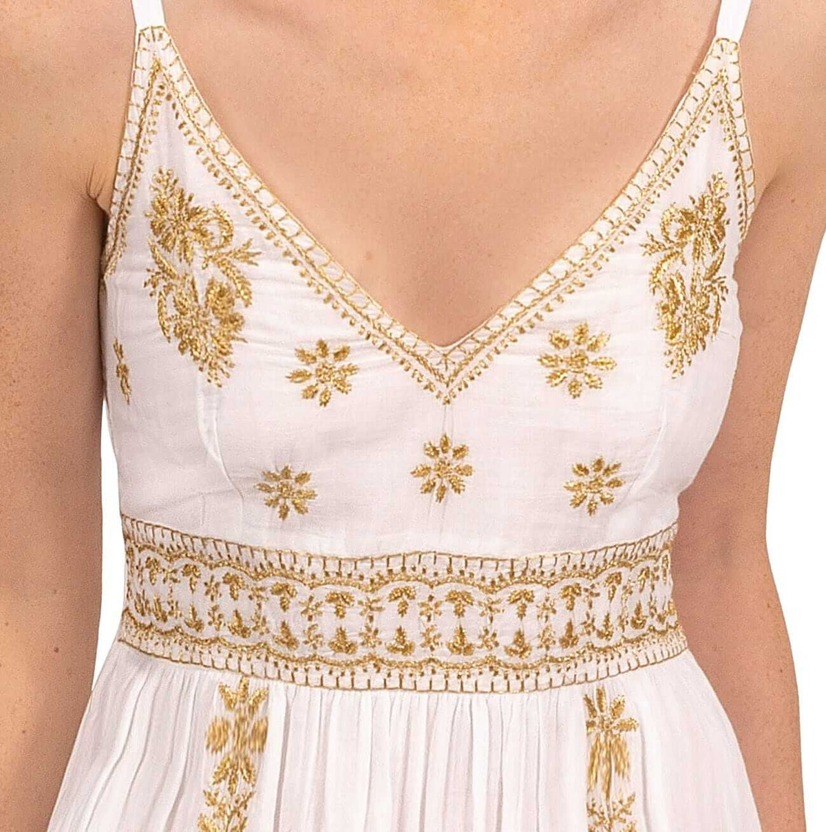 Hand Embroidered Midi Dress - Fiesta Time White Gold