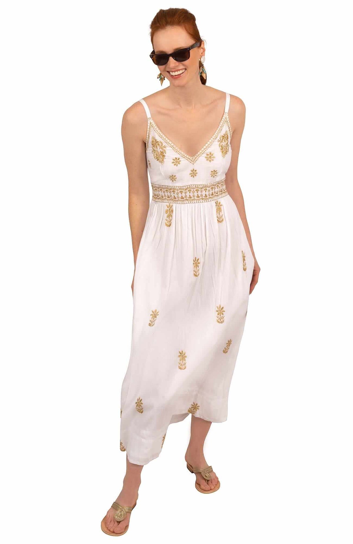 Hand Embroidered Midi Dress - Fiesta Time White Gold