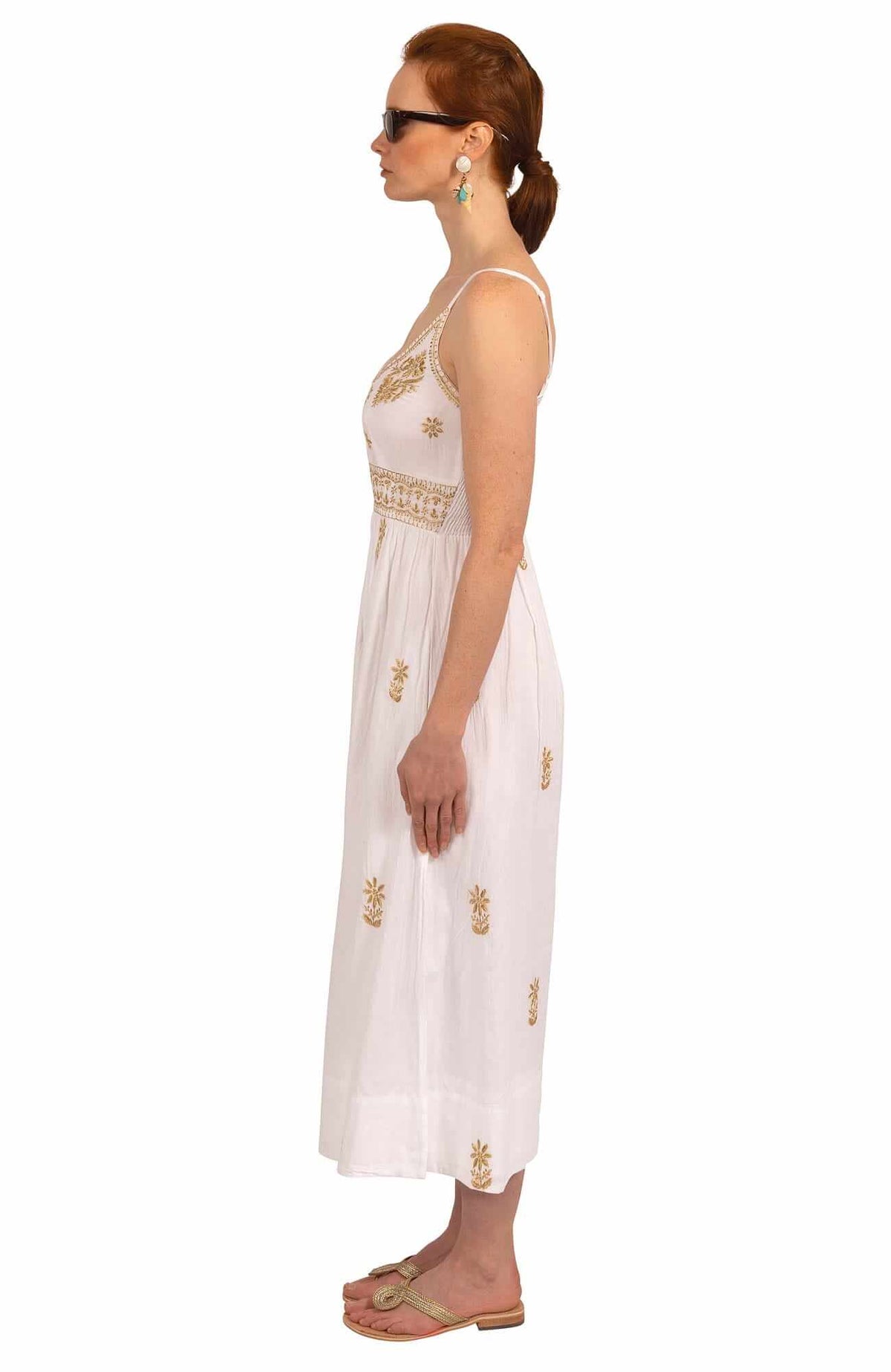 Hand Embroidered Midi Dress - Fiesta Time White Gold