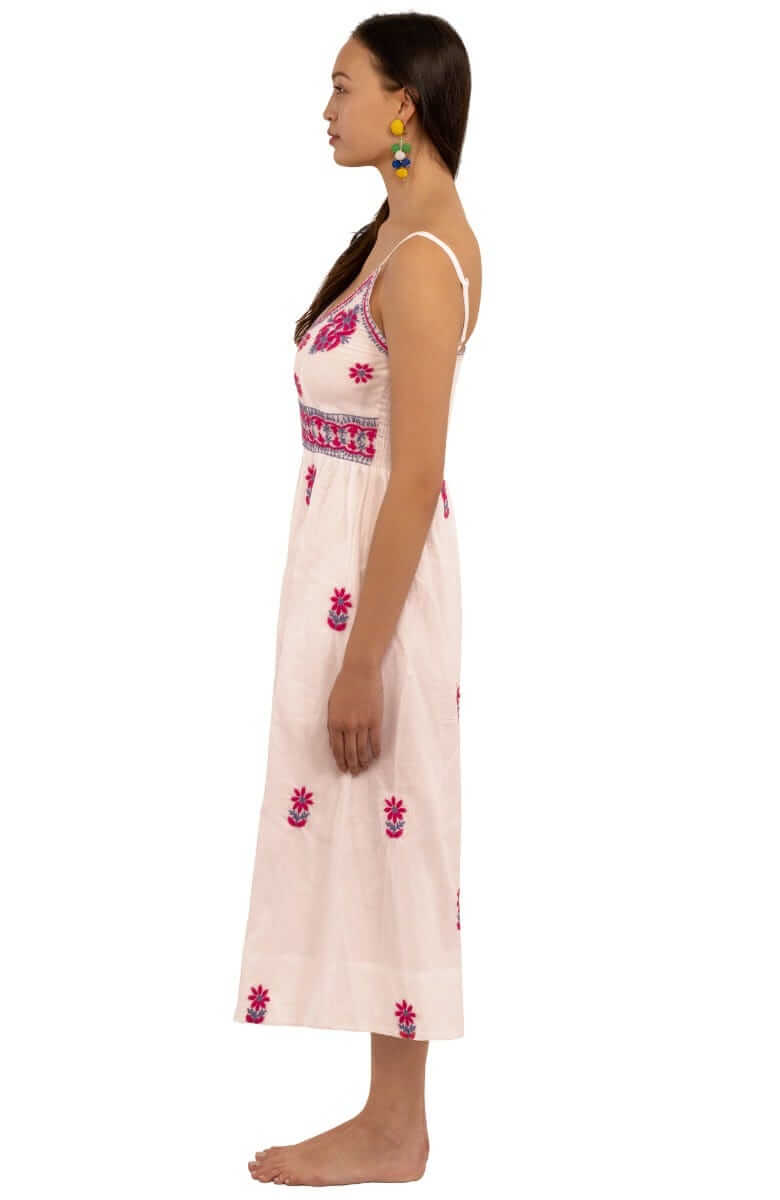 Hand Embroidered Midi Dress - Fiesta Time White