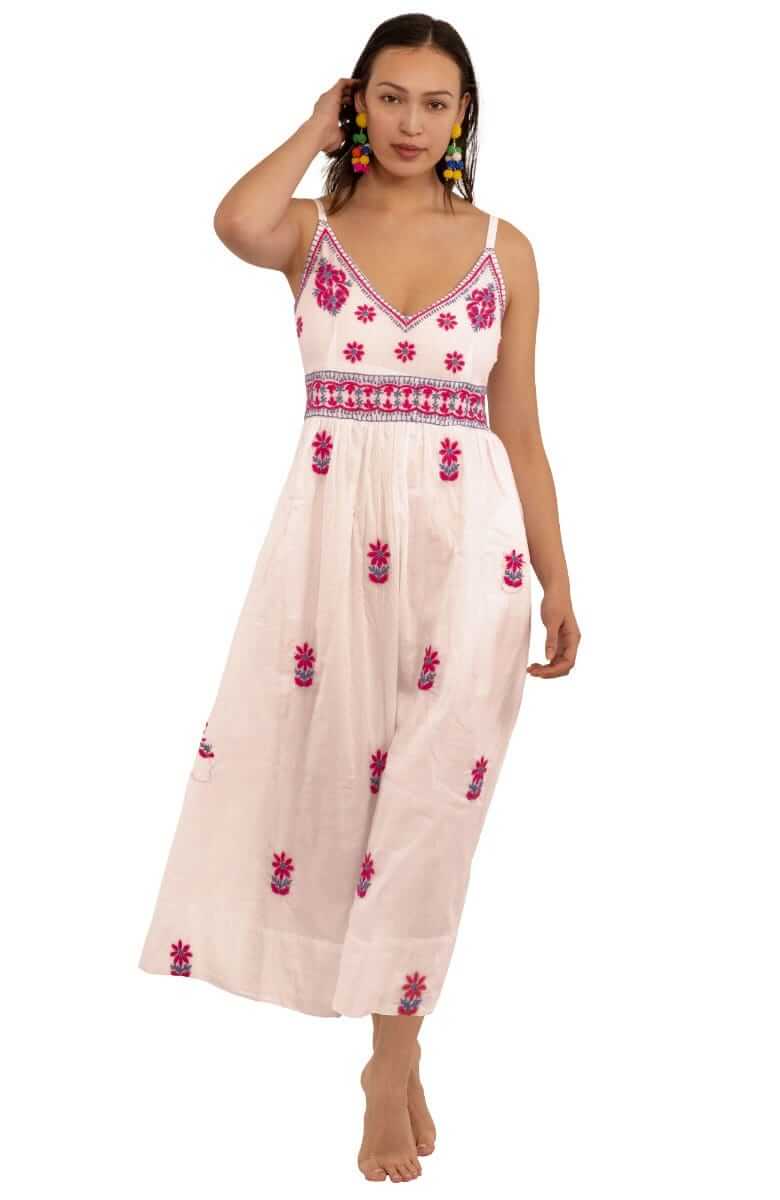 Hand Embroidered Midi Dress - Fiesta Time White