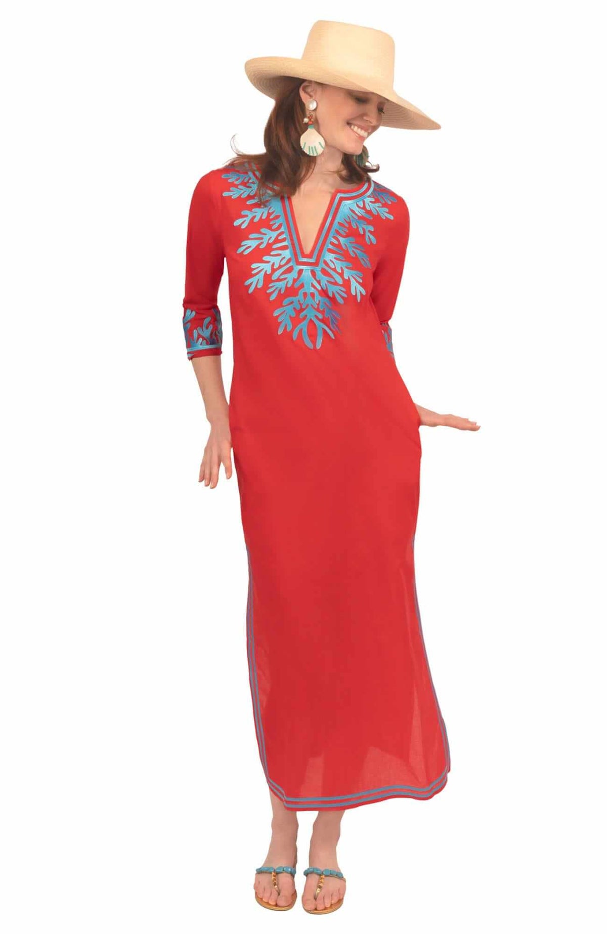 Wash / Wear Embroidered Caftan - The Reef Coral Turq