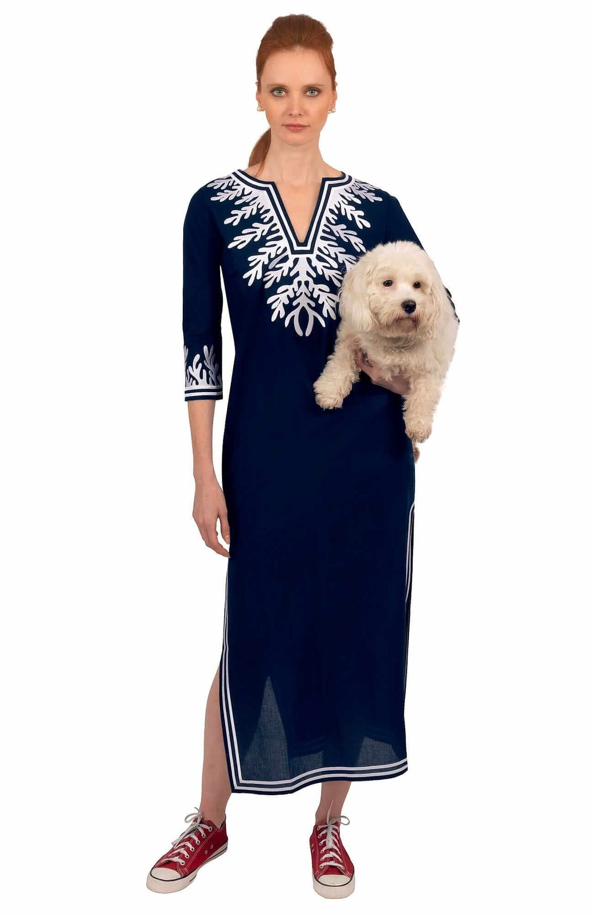 Wash / Wear Embroidered Caftan - The Reef Navy White