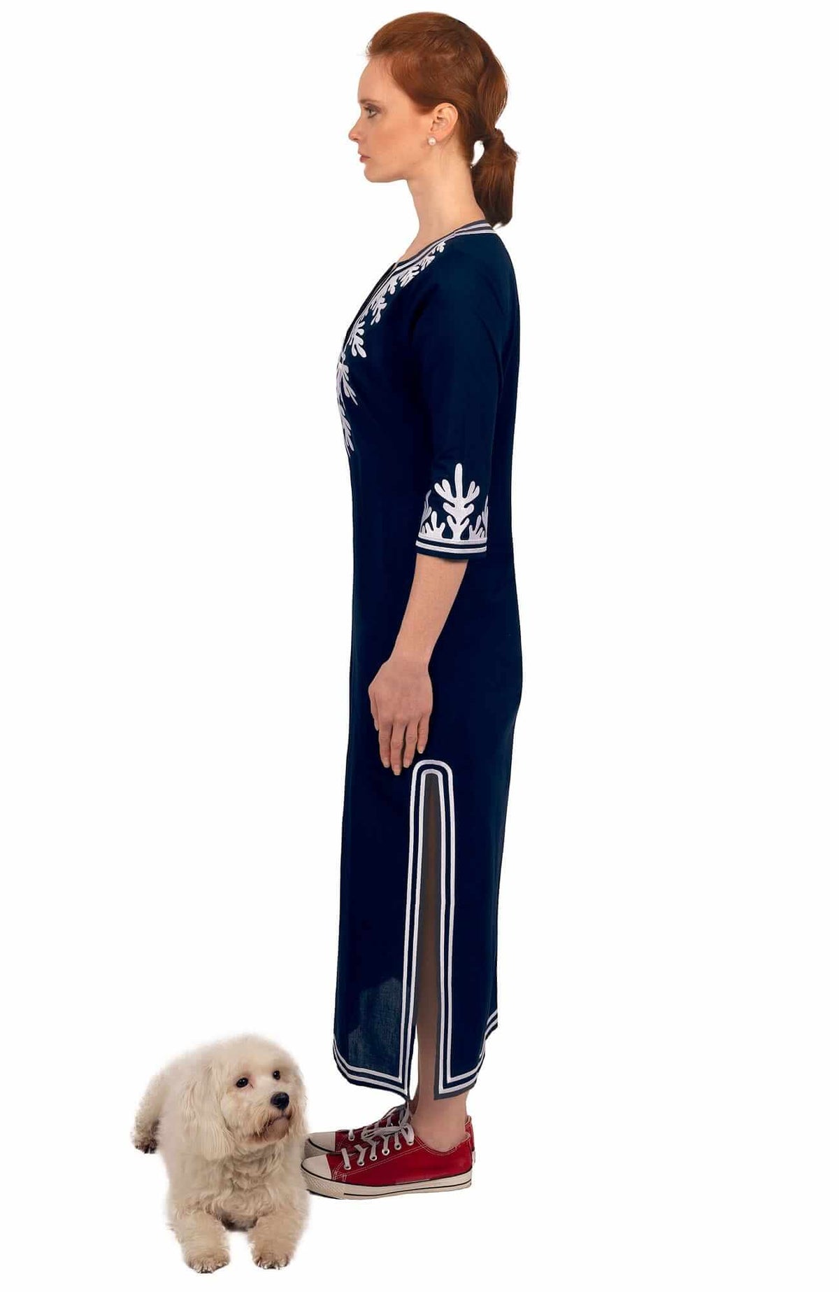 Wash / Wear Embroidered Caftan - The Reef Navy White