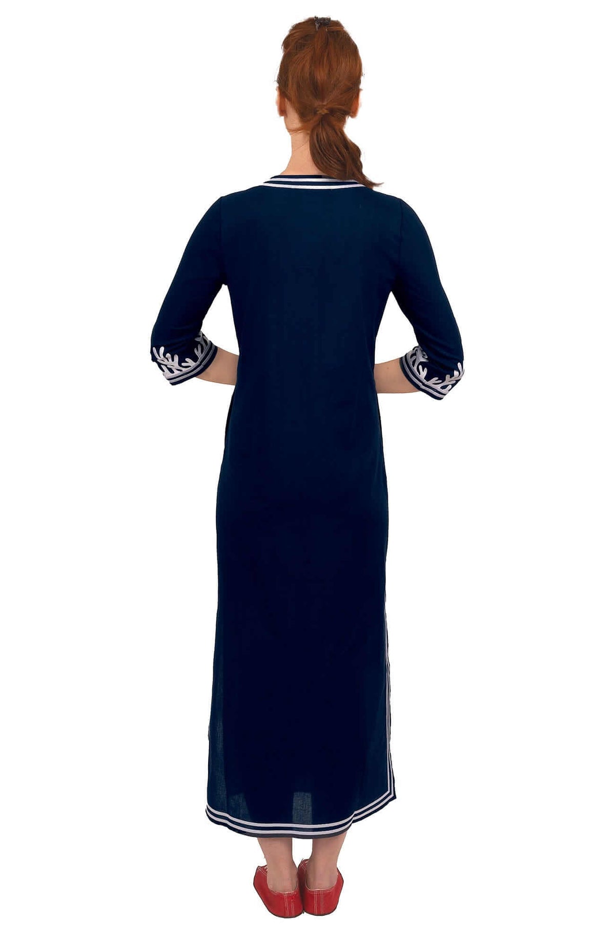 Wash / Wear Embroidered Caftan - The Reef Navy White