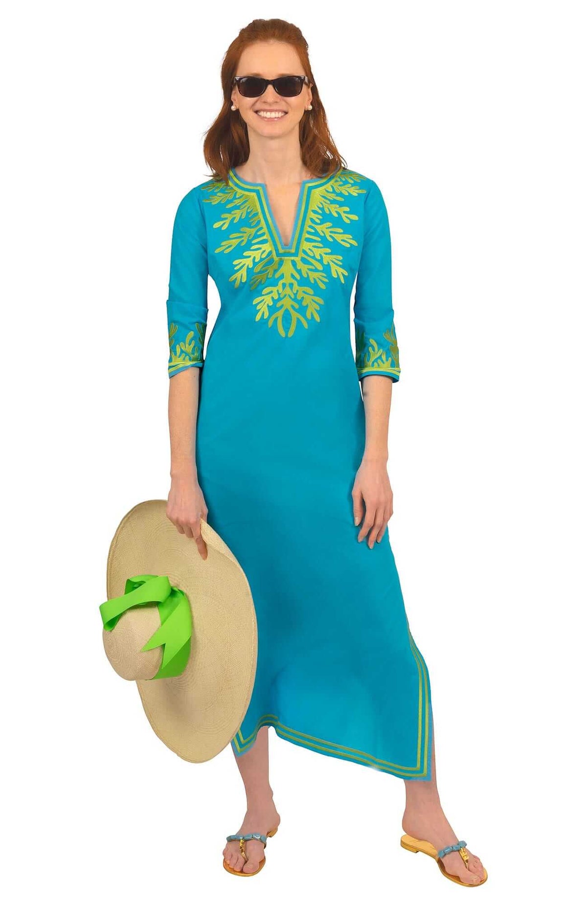 Wash / Wear Embroidered Caftan - The Reef Turq Lime