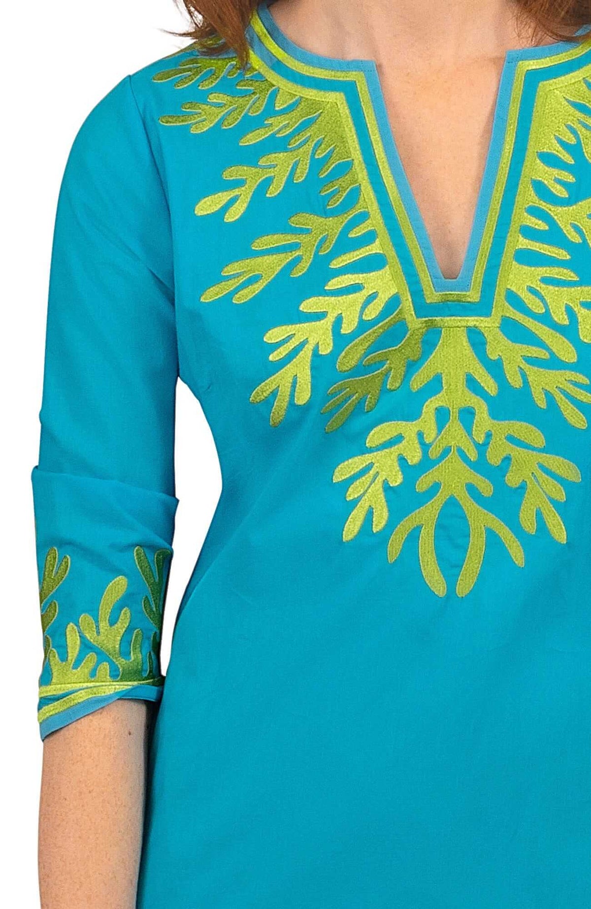 Wash / Wear Embroidered Caftan - The Reef Turq Lime