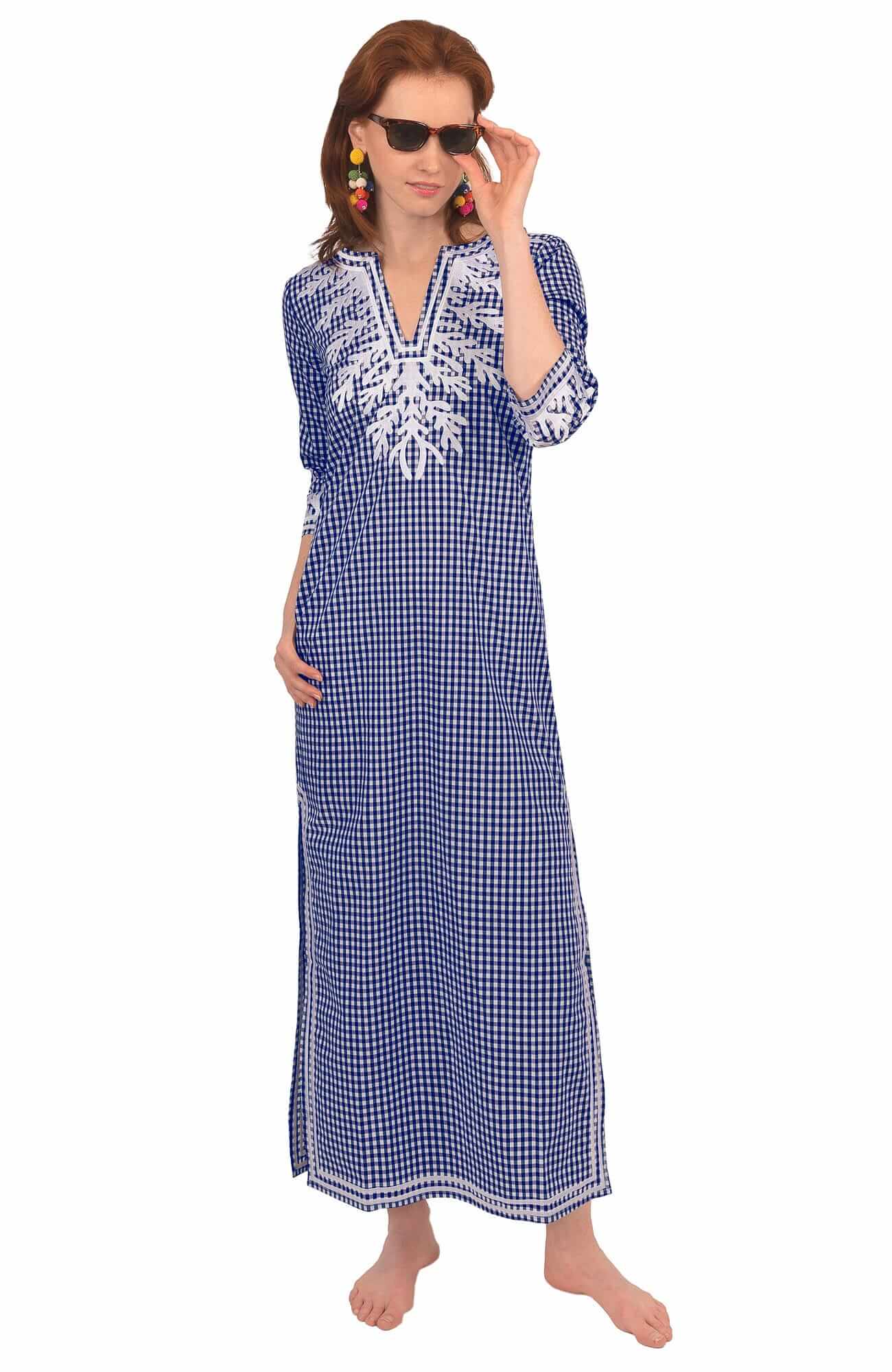 The Reef Caftan - Gingham Navy