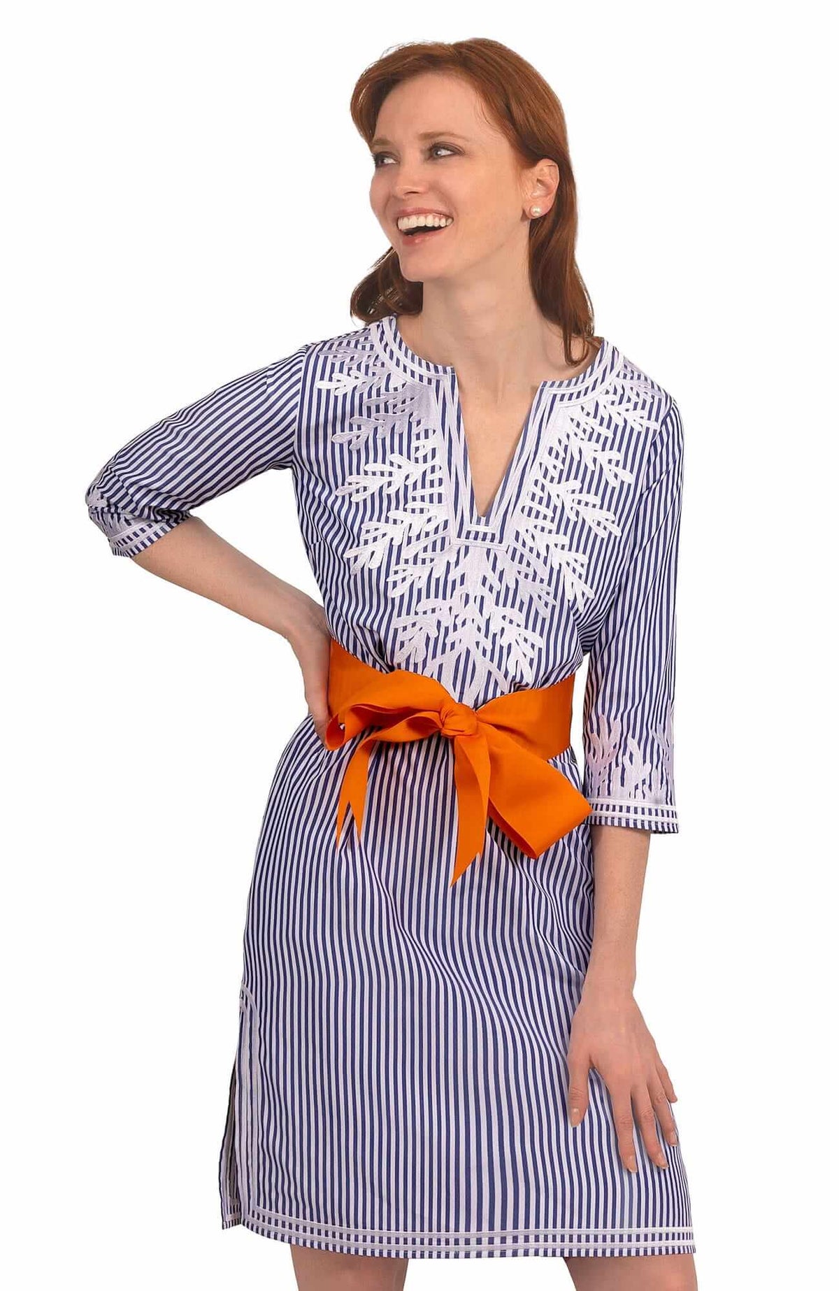 Wash / Wear Embroidered Pinstripe Dress - The Reef Navy