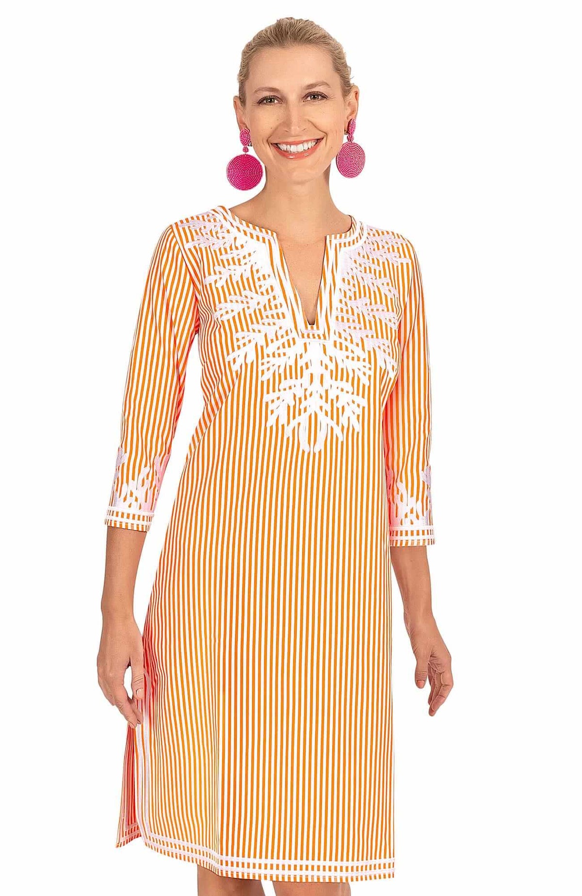 Wash / Wear Embroidered Pinstripe Dress - The Reef Orange