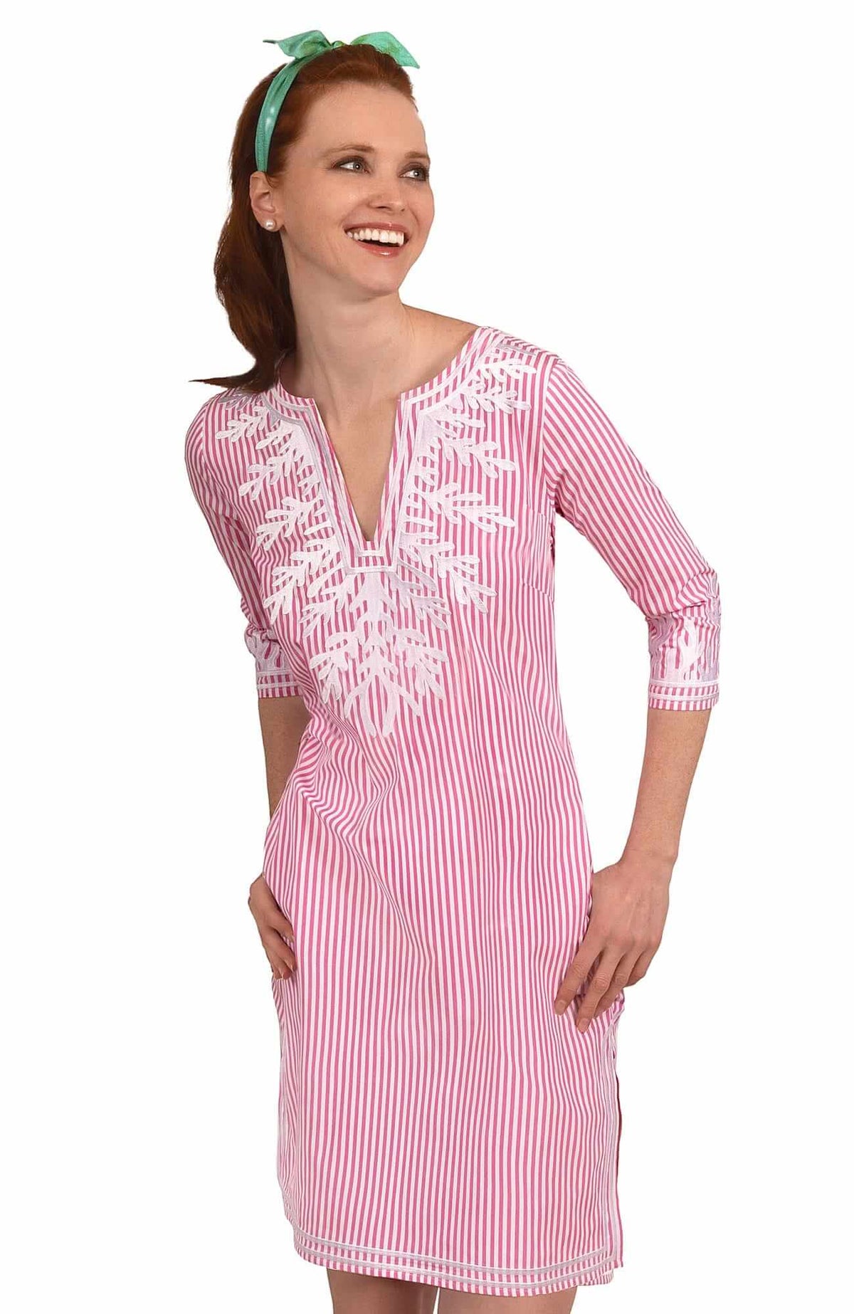 Wash / Wear Embroidered Pinstripe Dress - The Reef Pink