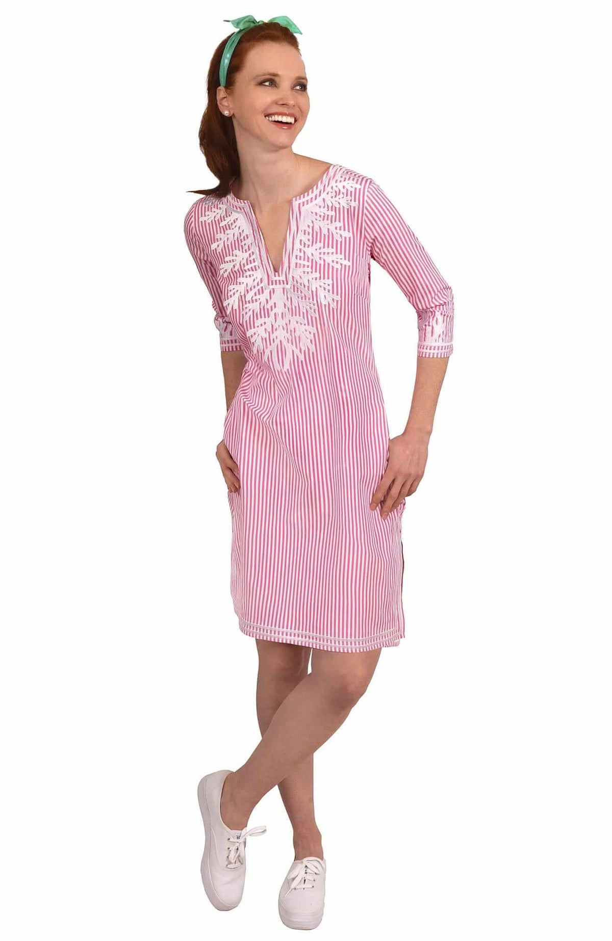 Wash / Wear Embroidered Pinstripe Dress - The Reef Pink