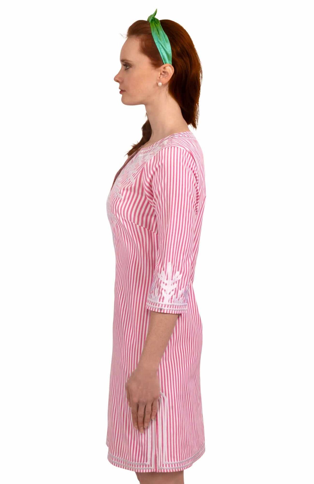 Wash / Wear Embroidered Pinstripe Dress - The Reef Pink