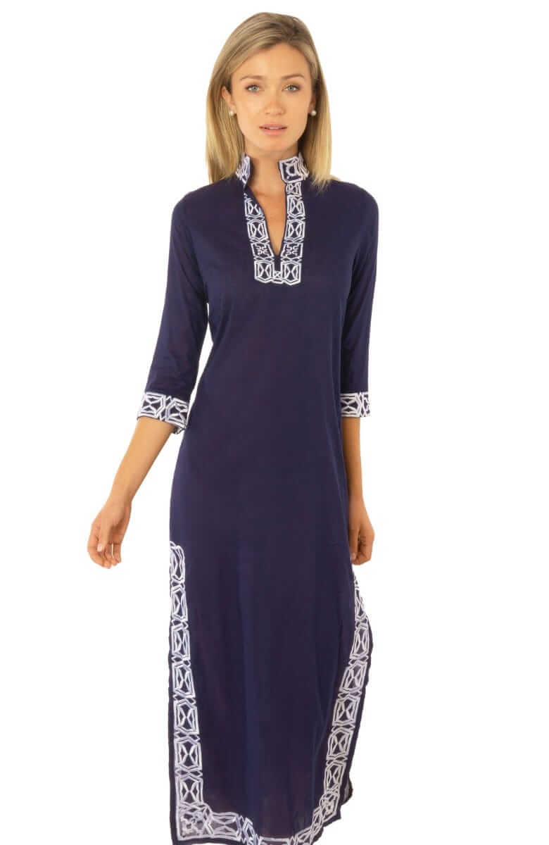 Embroidered Caftan - Rio Gio - Final Sale Navy White