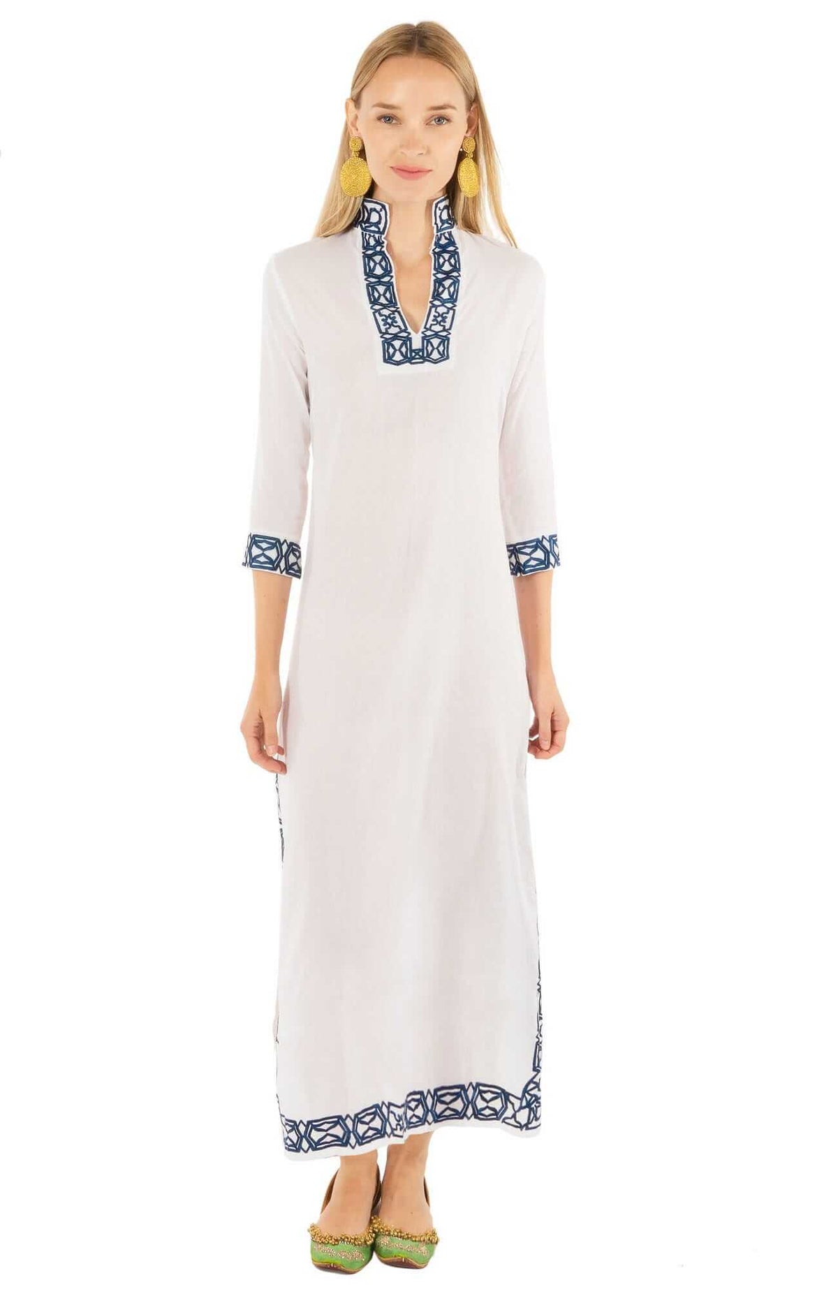 Embroidered Caftan - Rio Gio - Final Sale White Navy