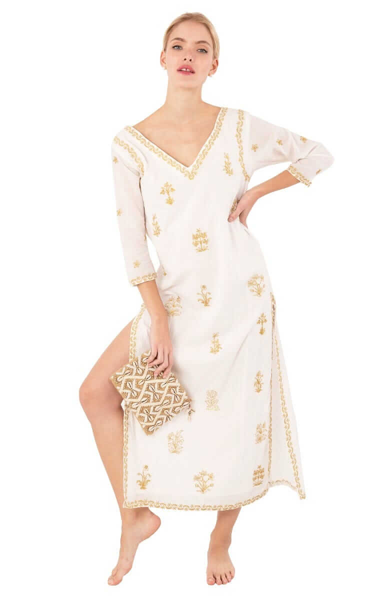 Hand Embroidered Cotton Upsa Daisy Caftan Gold