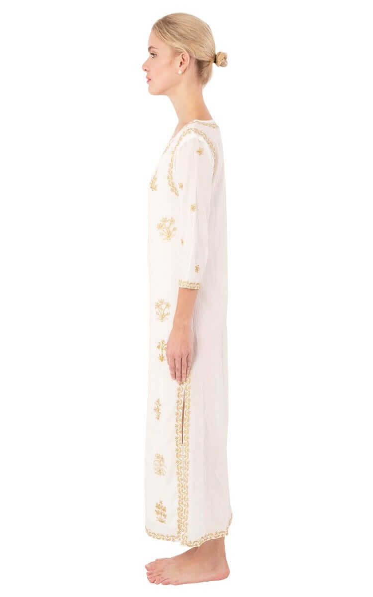 Hand Embroidered Cotton Upsa Daisy Caftan Gold