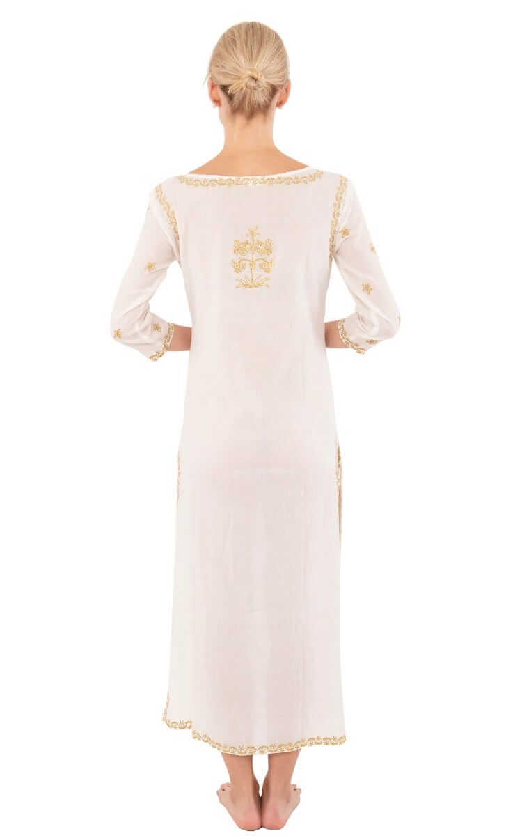 Hand Embroidered Cotton Upsa Daisy Caftan Gold