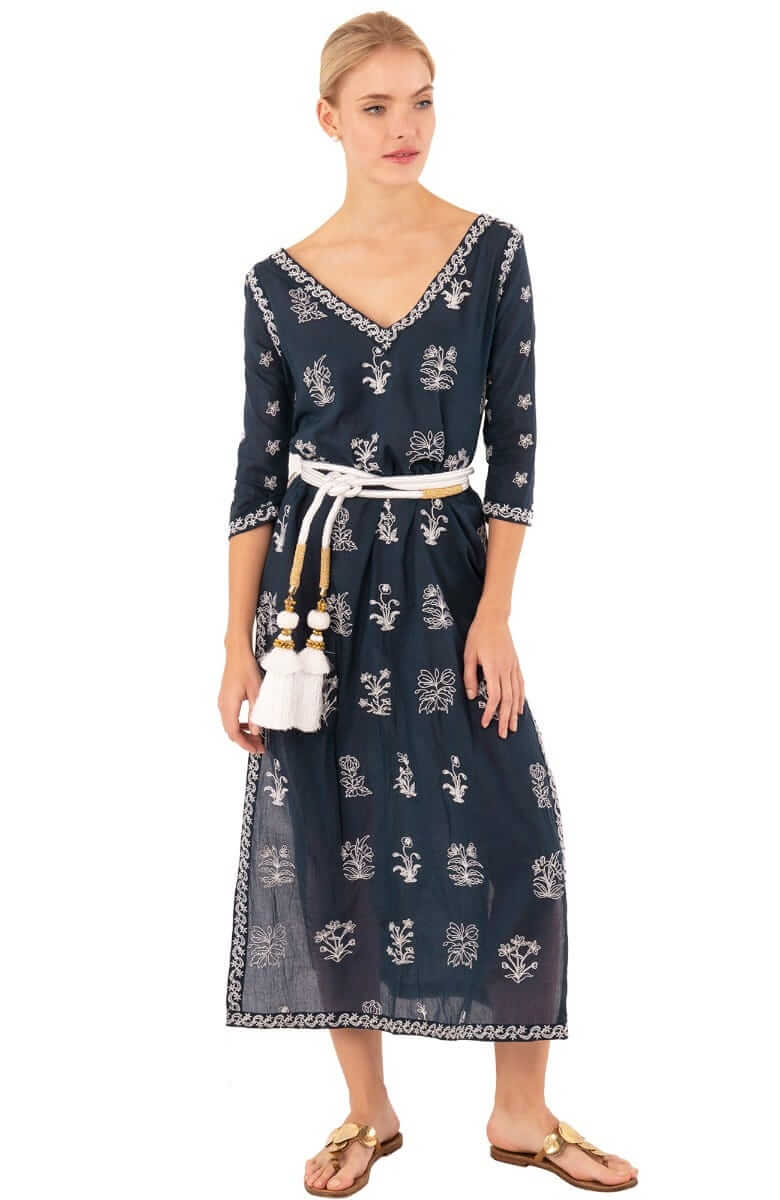 Hand Embroidered Cotton Upsa Daisy Caftan - Final Sale Navy