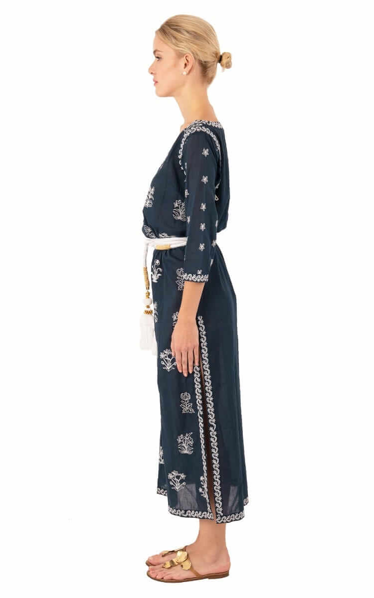 Hand Embroidered Cotton Upsa Daisy Caftan - Final Sale Navy