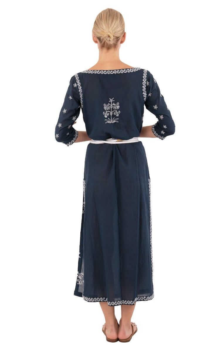 Hand Embroidered Cotton Upsa Daisy Caftan - Final Sale Navy