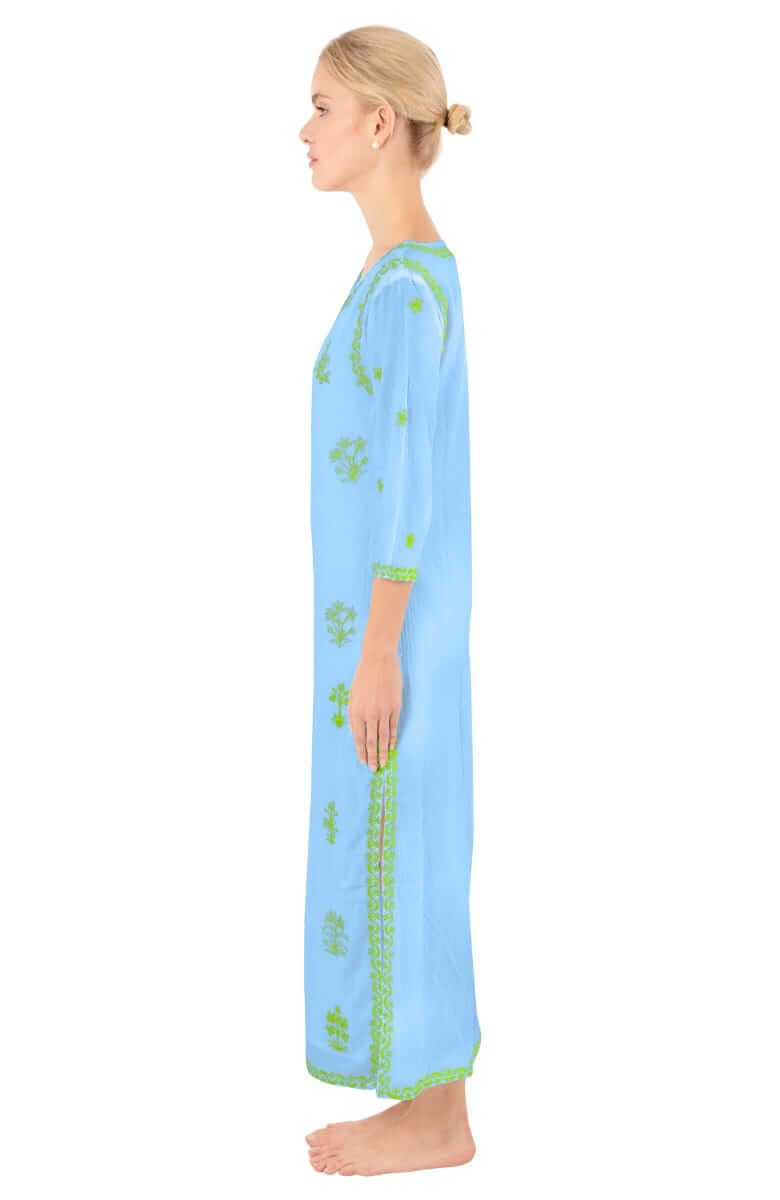 Hand Embroidered Cotton Upsa Daisy Caftan - Final Sale Periwinkle Lime