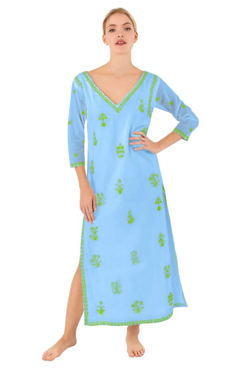 Hand Embroidered Cotton Upsa Daisy Caftan - Final Sale Periwinkle Lime