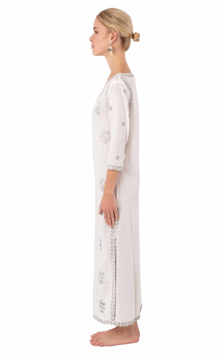 Hand Embroidered Cotton Upsa Daisy Caftan Silver