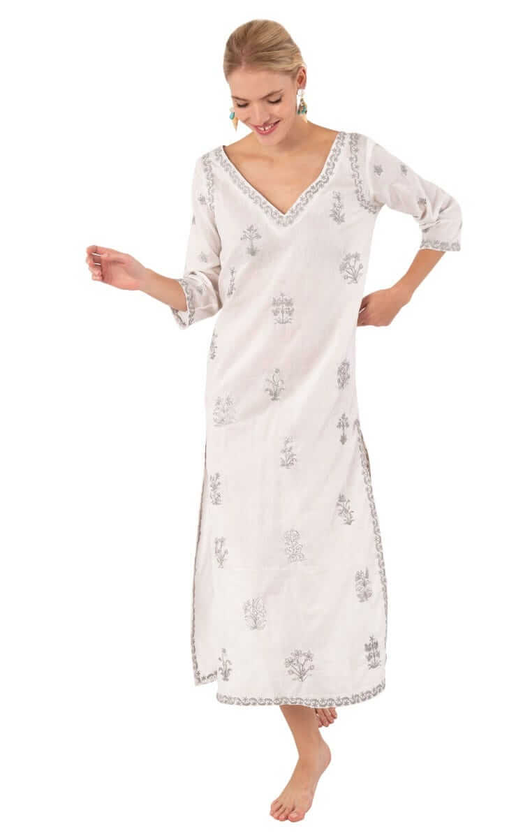 Hand Embroidered Cotton Upsa Daisy Caftan Silver