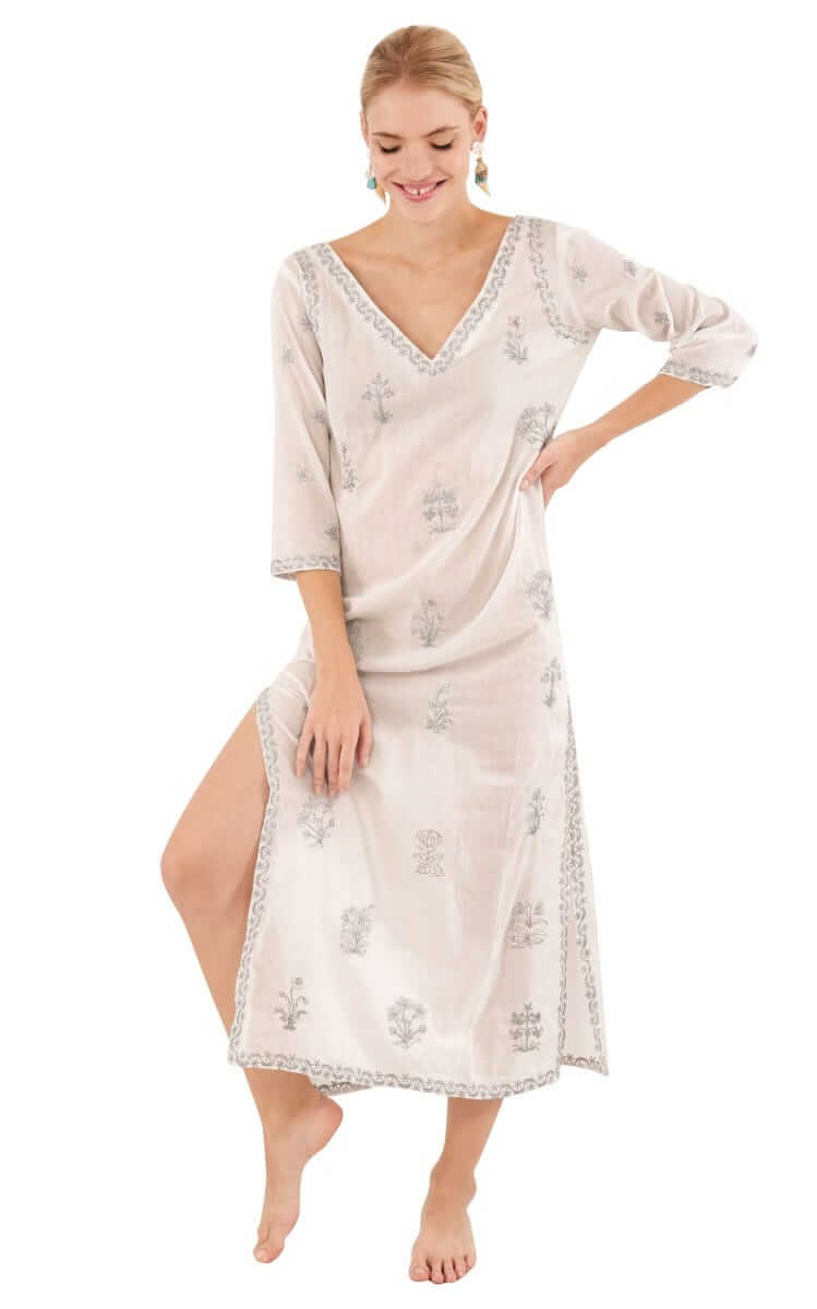 Hand Embroidered Cotton Upsa Daisy Caftan Silver