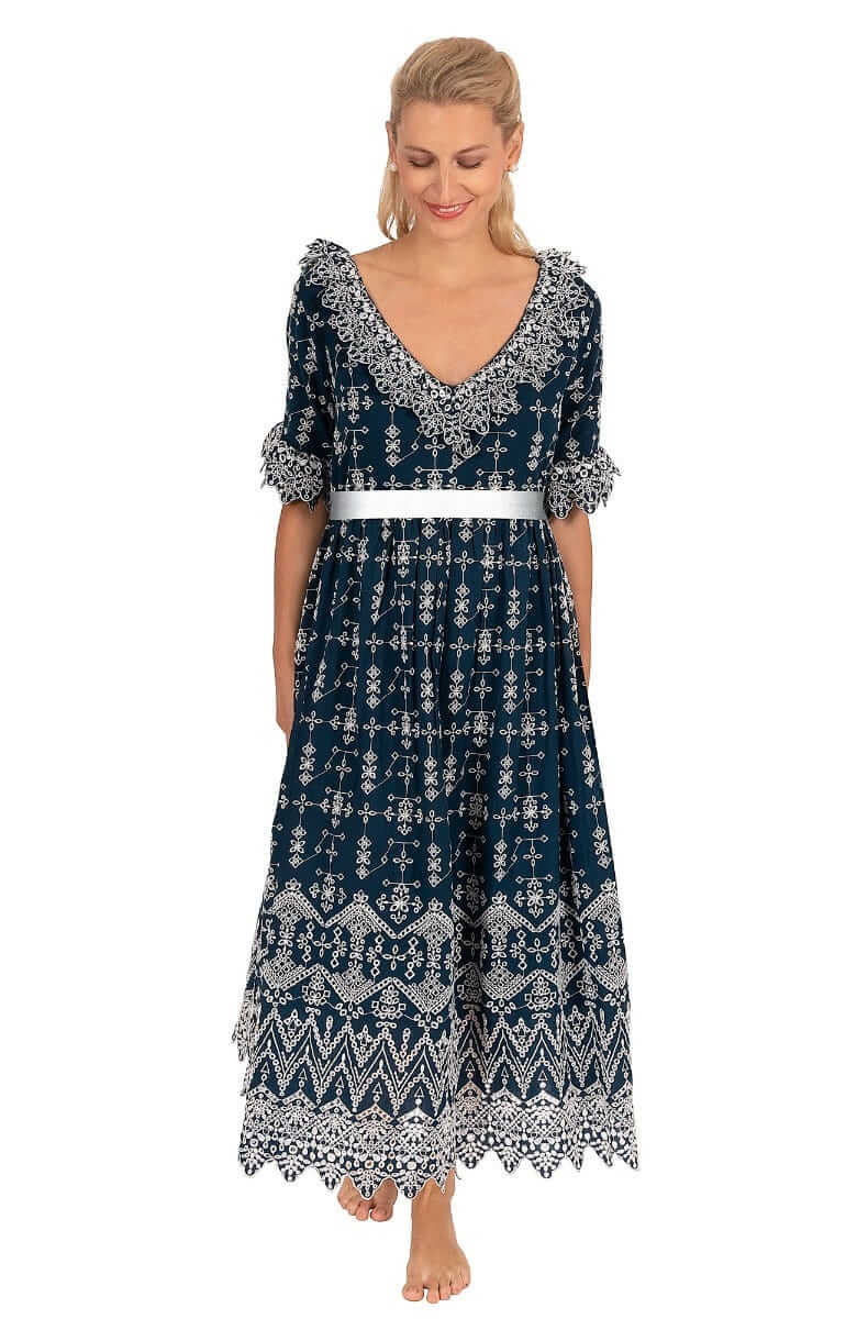 Cotton Bridgerton Midi Dress - La Di Da Navy White