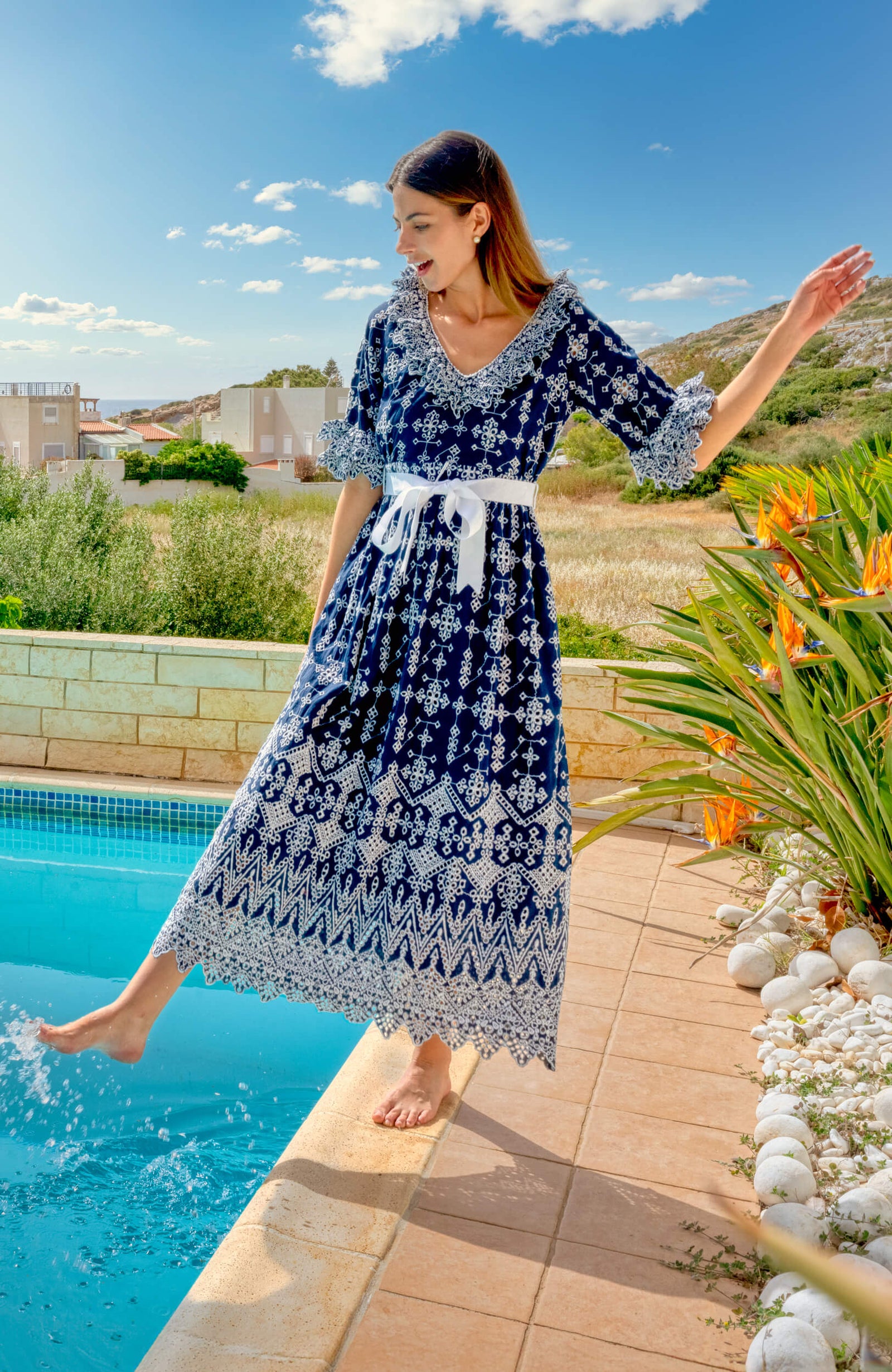 Cotton Bridgerton Midi Dress - La Di Da - Final Sale Navy White