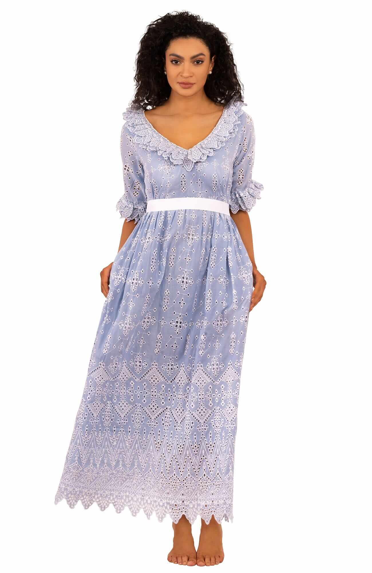 Cotton Bridgerton Midi Dress - La Di Da Periwinkle White