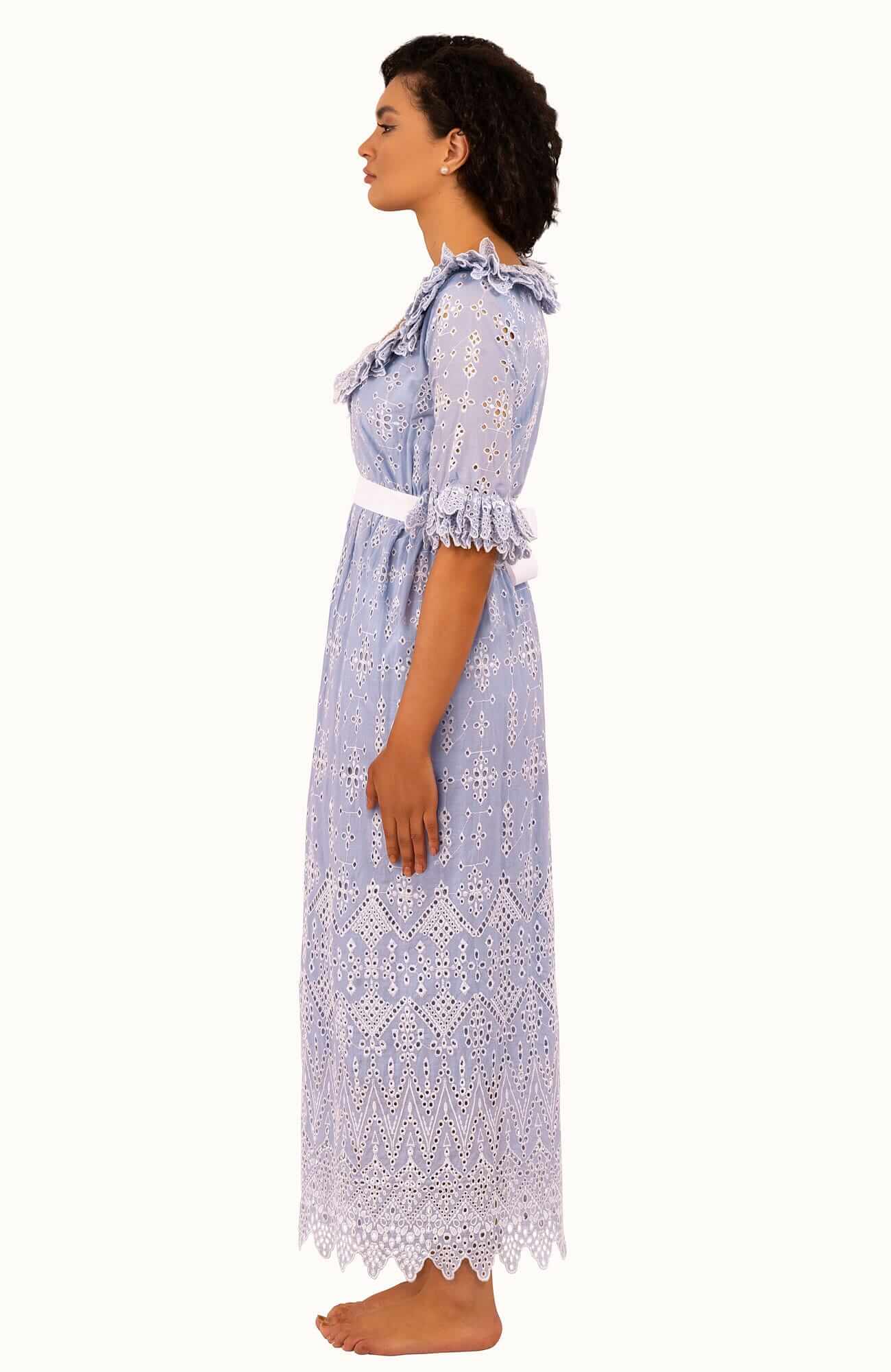 Cotton Bridgerton Midi Dress - La Di Da Periwinkle White