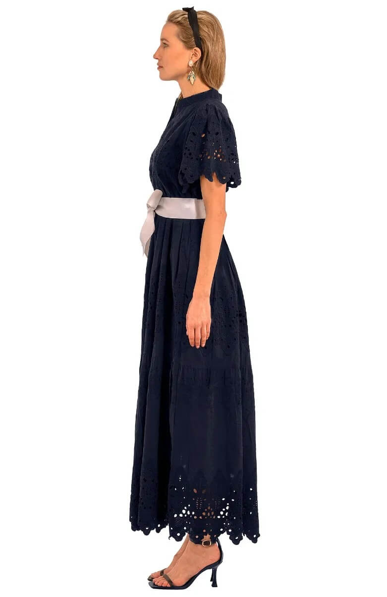 Heavily Embroidered Cotton Magnifico Midi/Maxi - La Di Da Navy