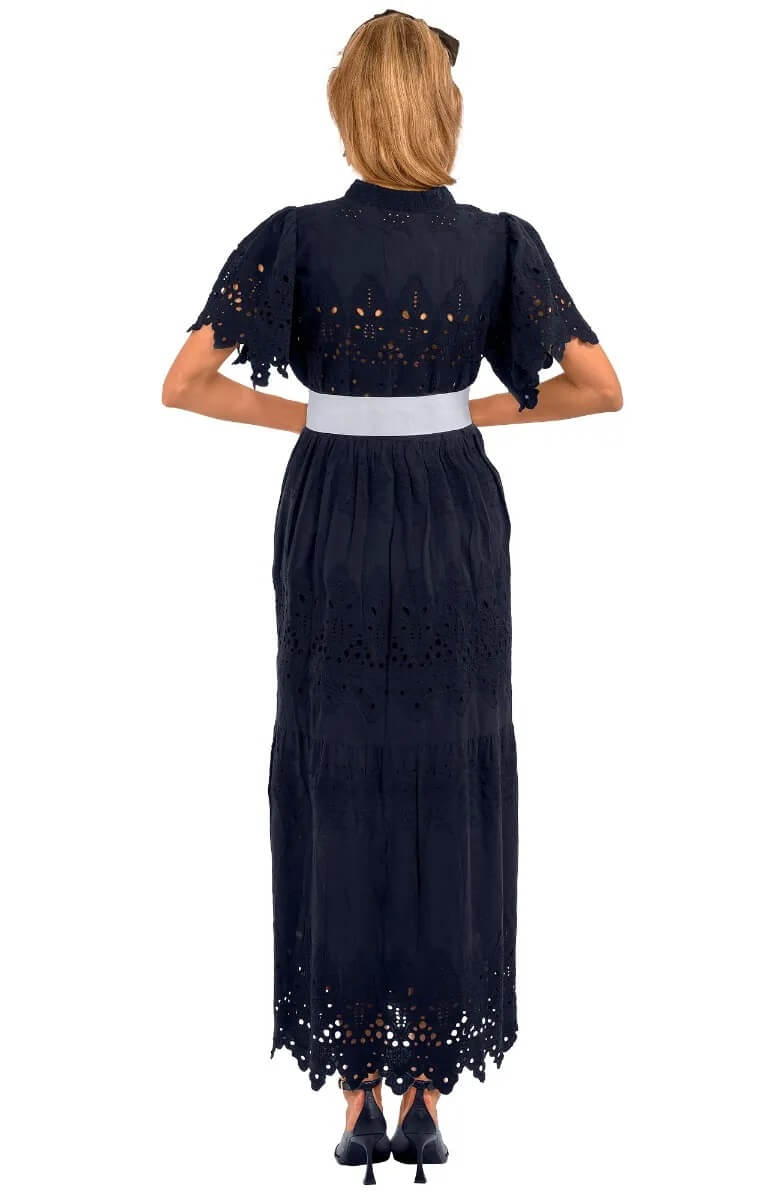 Heavily Embroidered Cotton Magnifico Midi/Maxi - La Di Da Navy