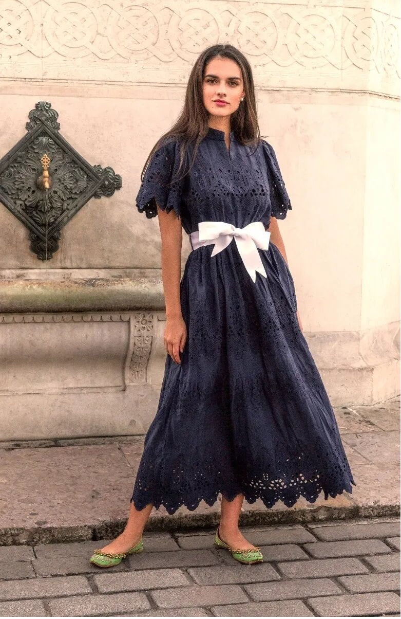 Heavily Embroidered Cotton Magnifico Midi/Maxi - La Di Da Navy