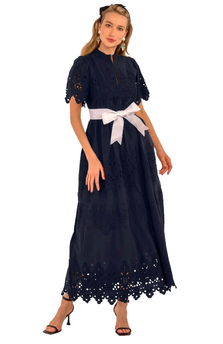 Heavily Embroidered Cotton Magnifico Midi/Maxi - La Di Da Navy