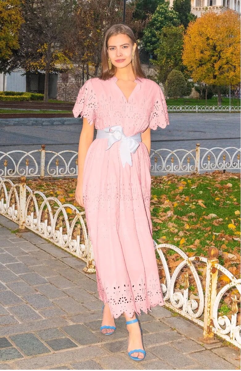 Heavily Embroidered Cotton Magnifico Midi/Maxi - La Di Da Pink