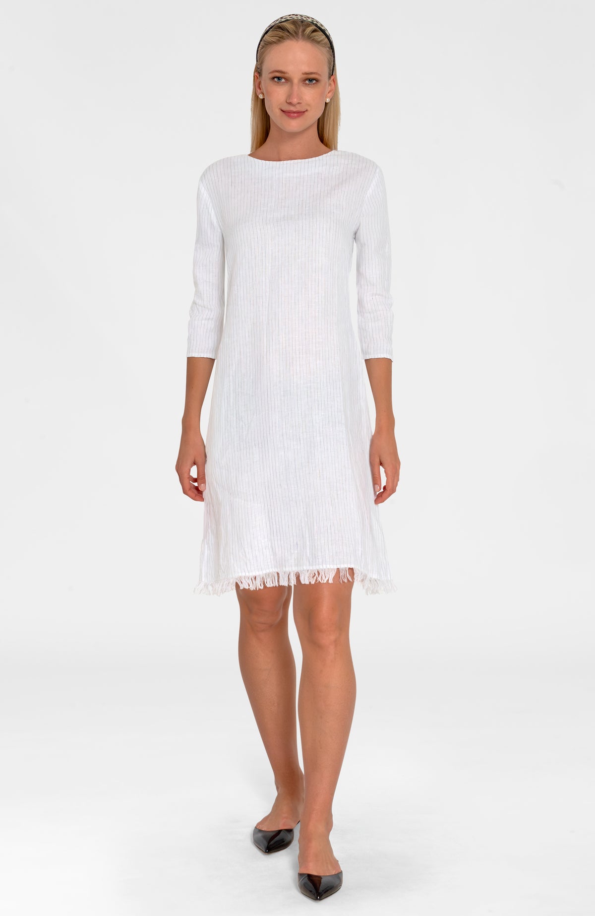 Linen Fringe Fun Dress - Stripe It White
