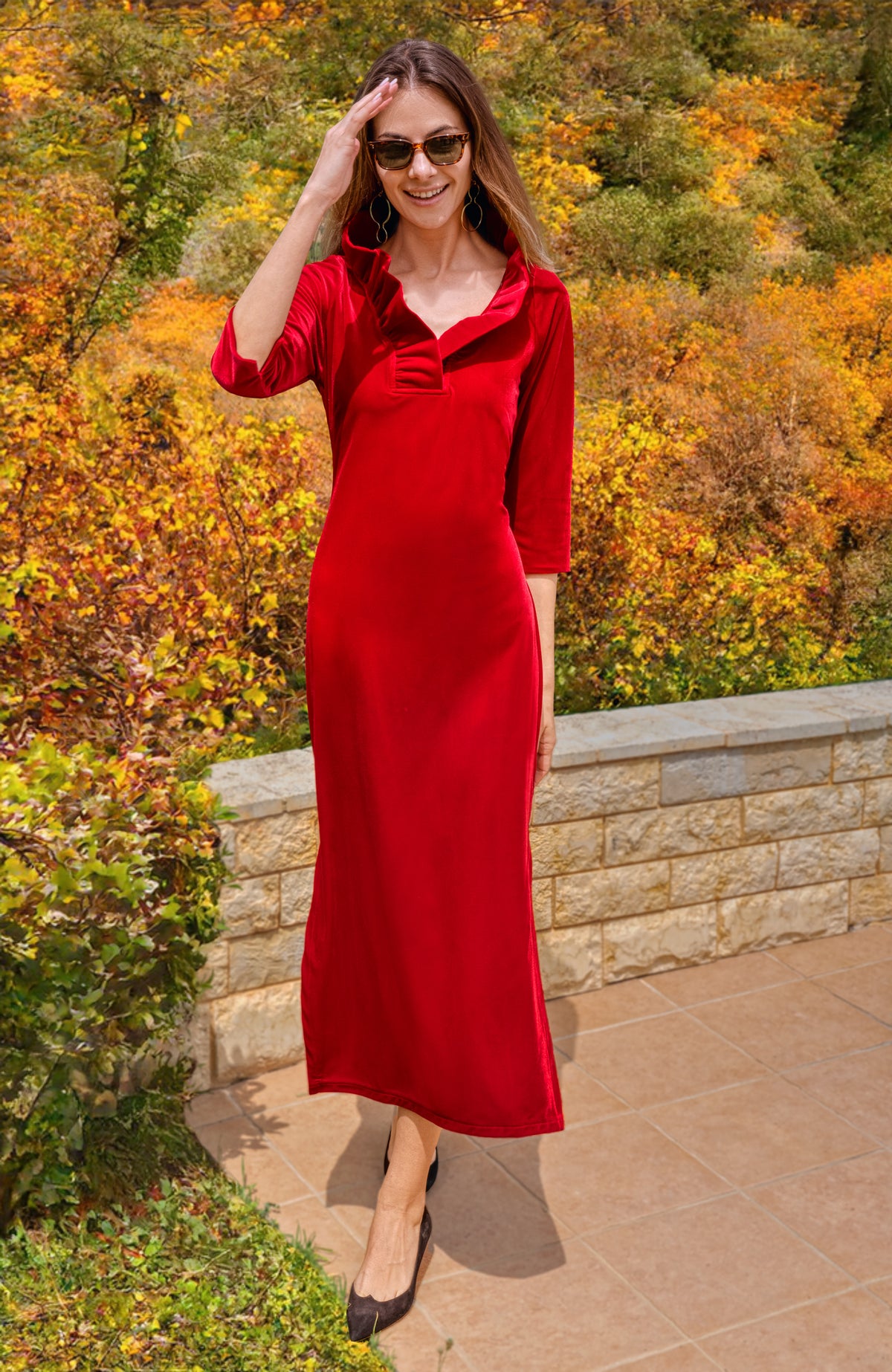 Ruffneck Midi Maxi Dress- Silky Velvet Crimson