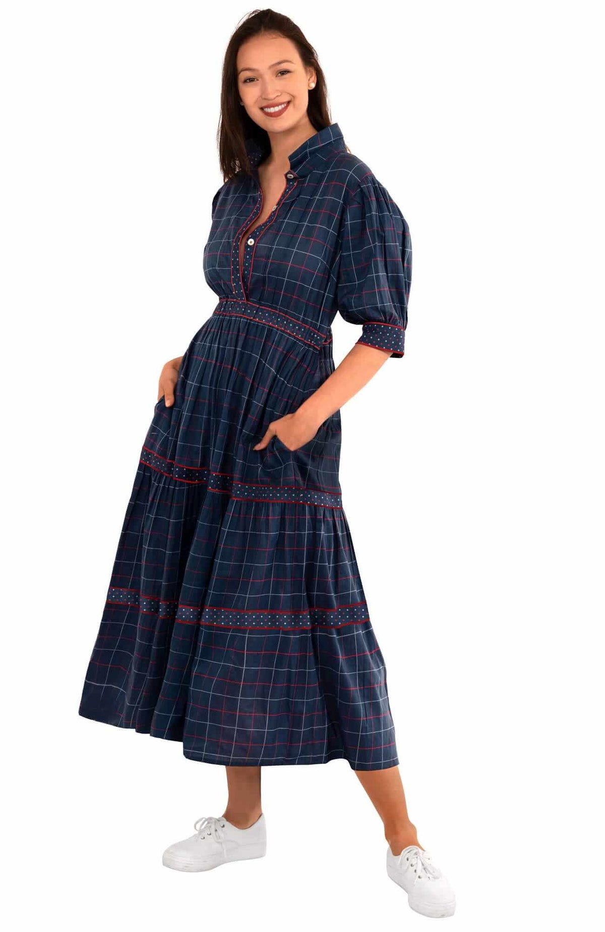 Cotton Damsel Dress - Tattersall - Final Sale Navy