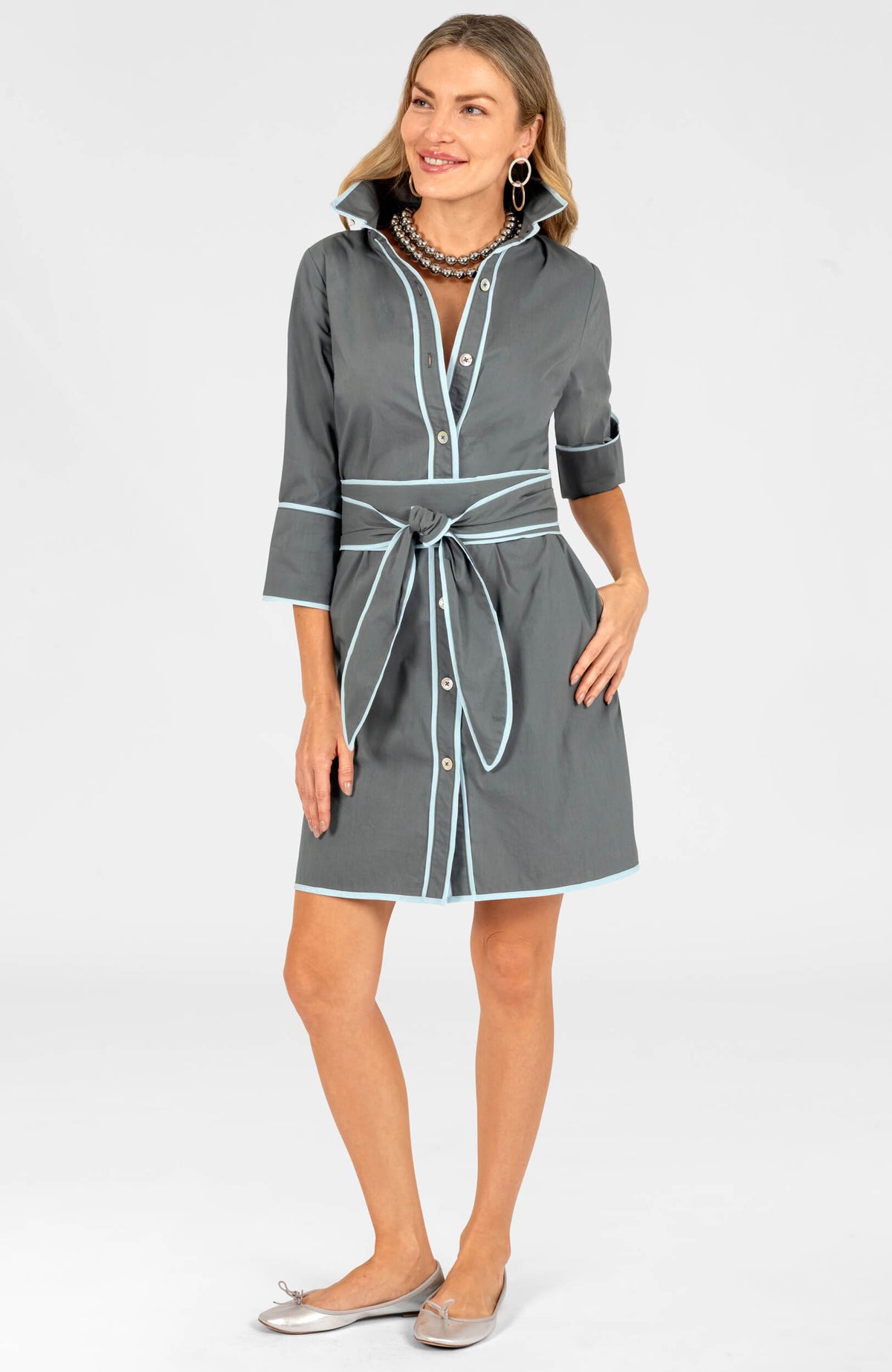 Shirt Tails Short Dress Cotton Grey Blue