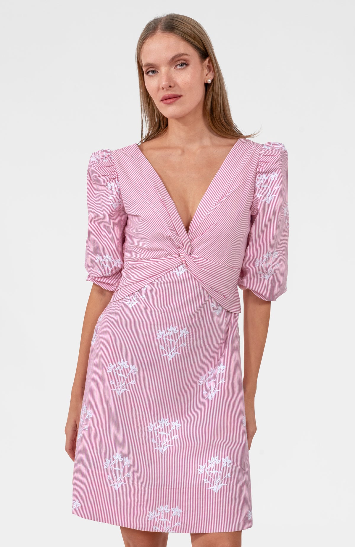 Embroidered Twister Short Dress - Stripe Pink