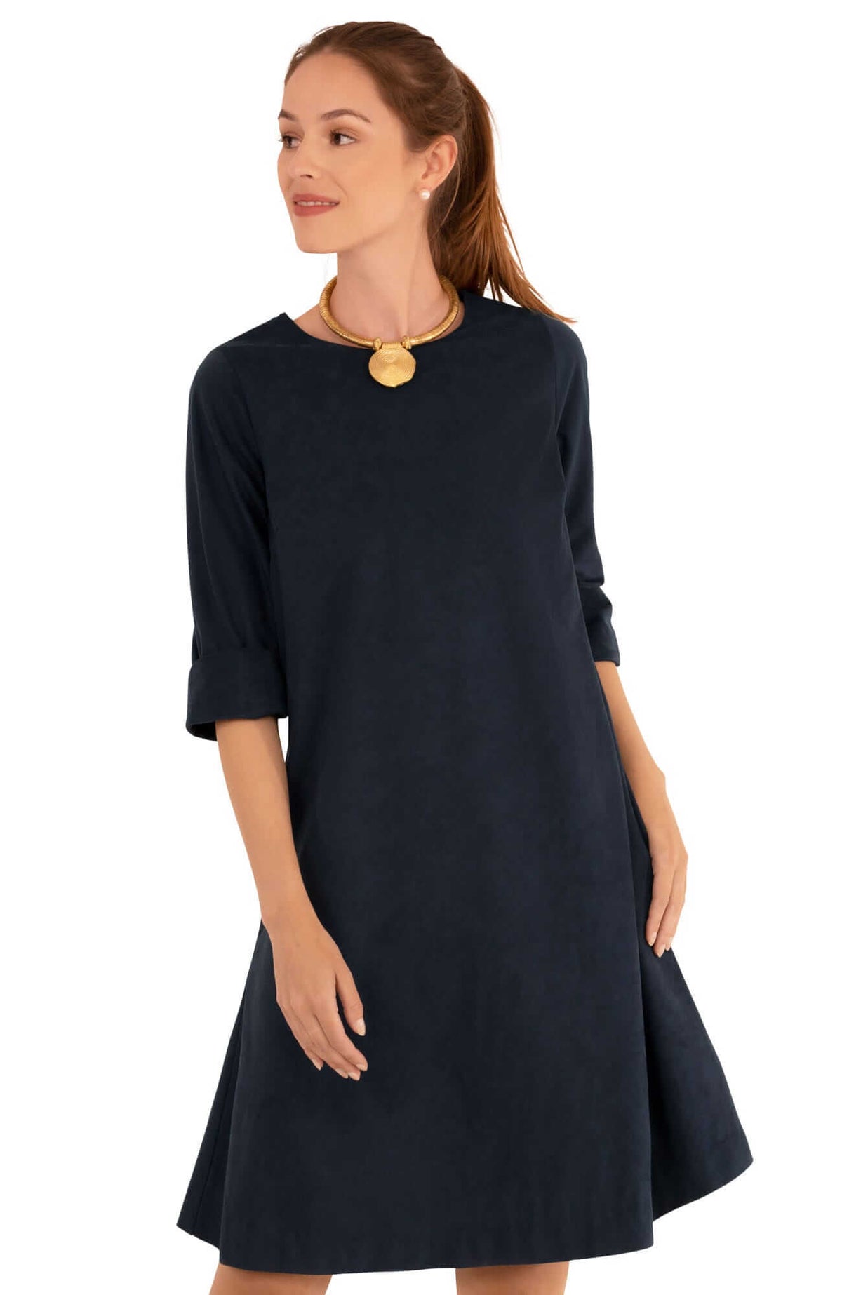 Ultra Suede Button Back Swing Dress Navy