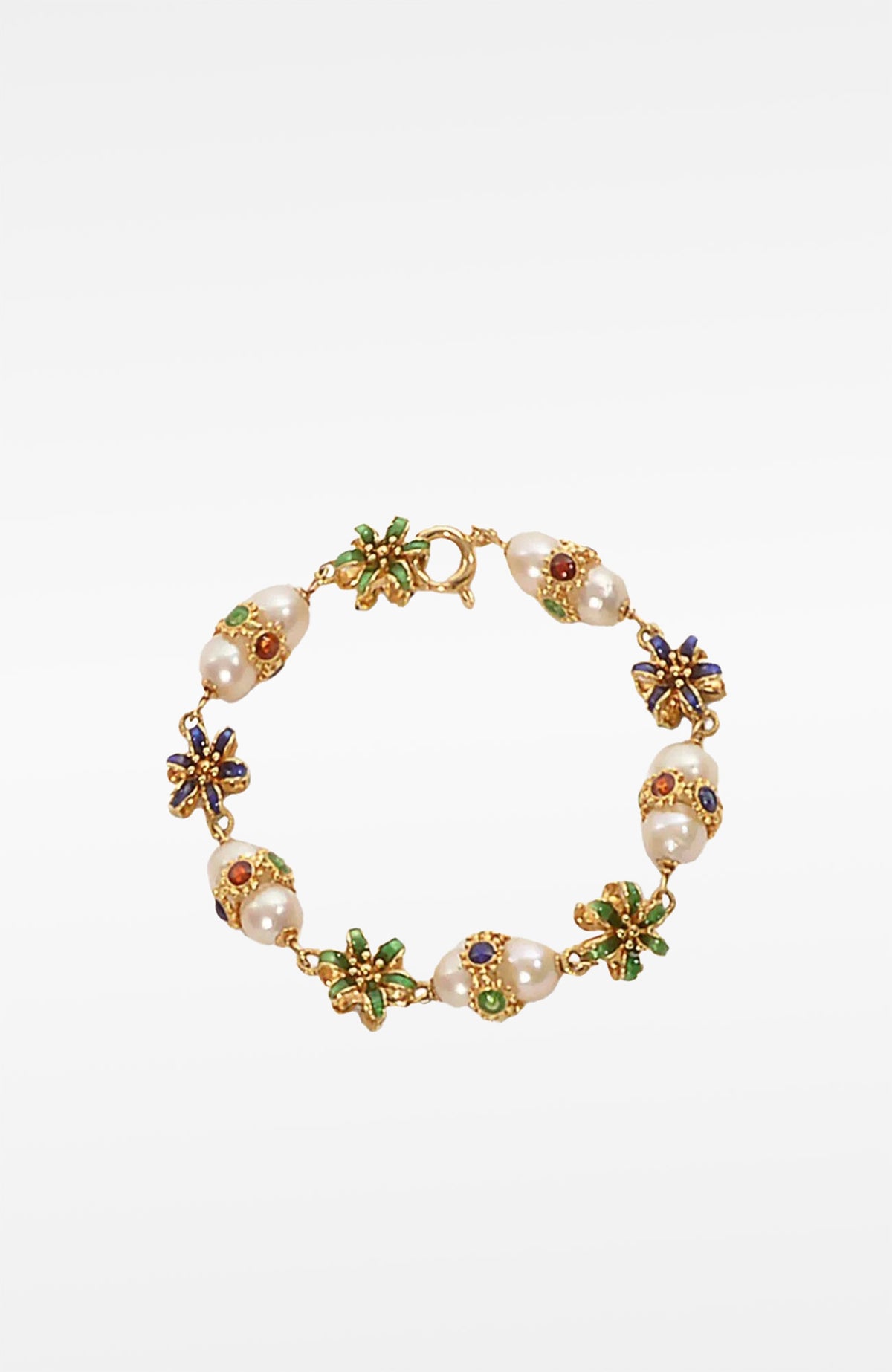 18k Gold Flower & Pearl Enamel Bracelet