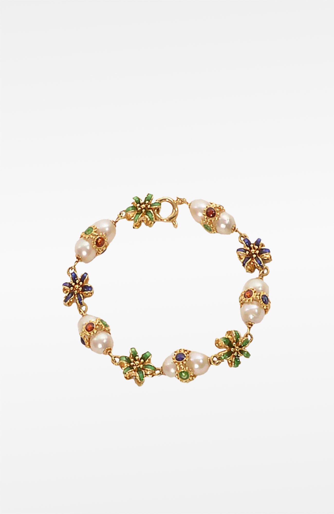 18k Gold Flower & Pearl Enamel Bracelet