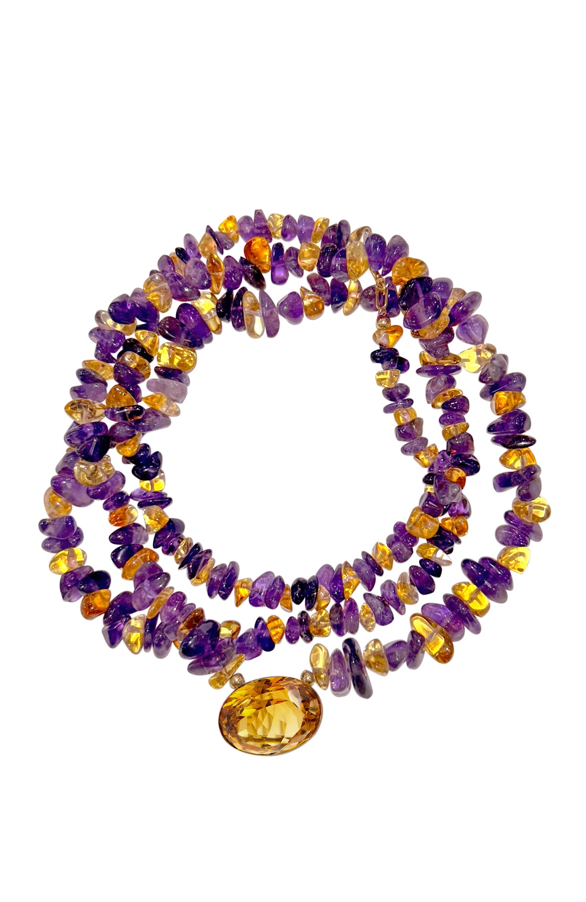 Amethyst And Citrine Chip Beaded Necklace With Citrine Pendant