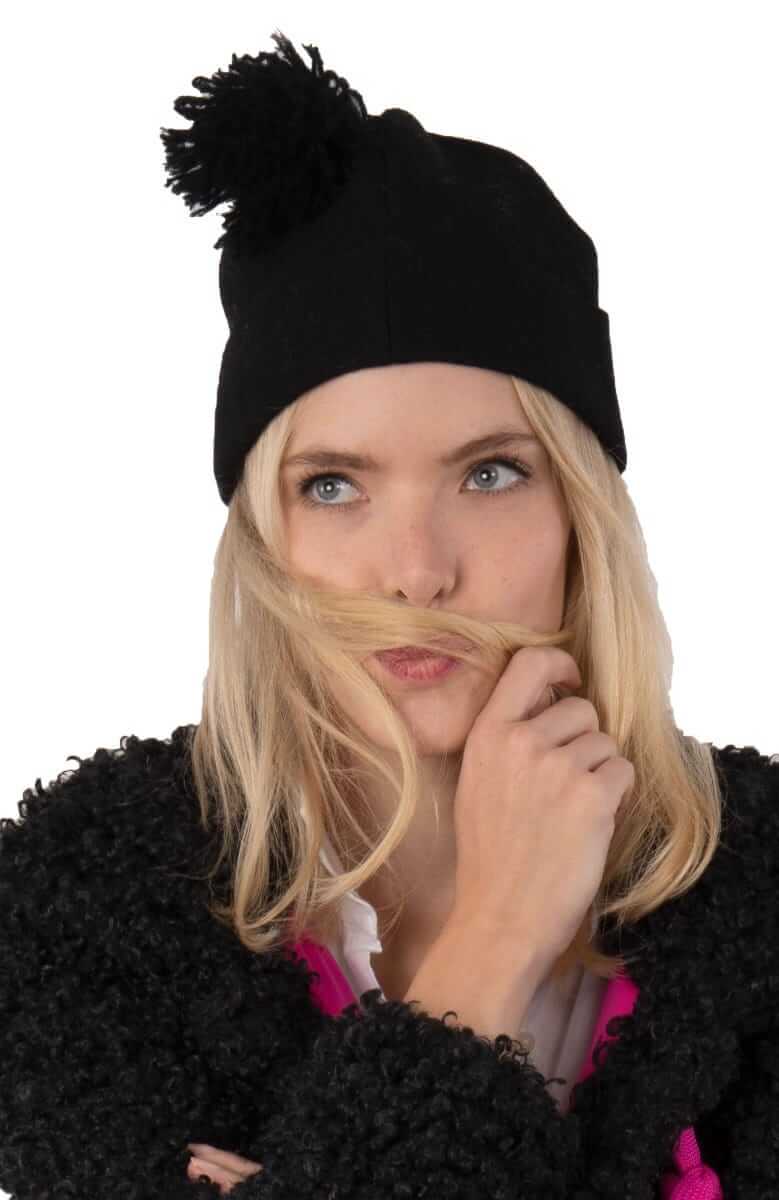 Wool Pom Pom Hat - Solid Black