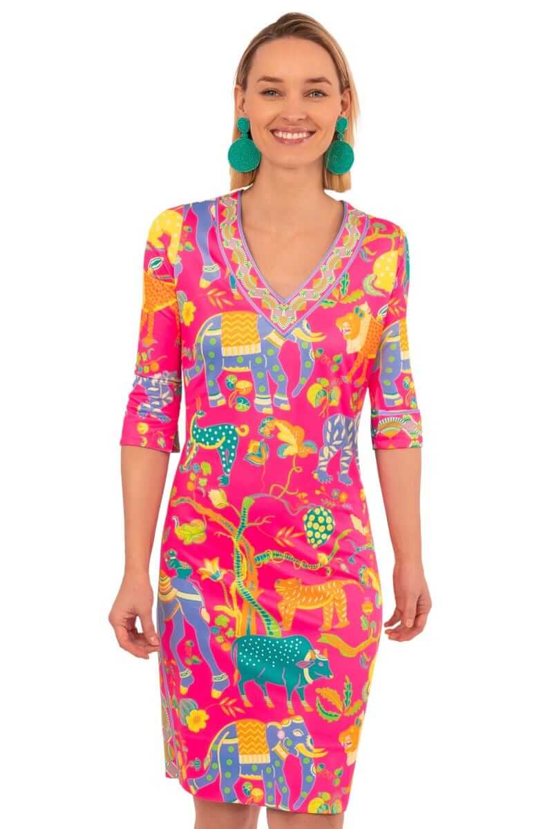 Banded V Jersey Dress Animal Kingdom - Final Sale Fuchsia